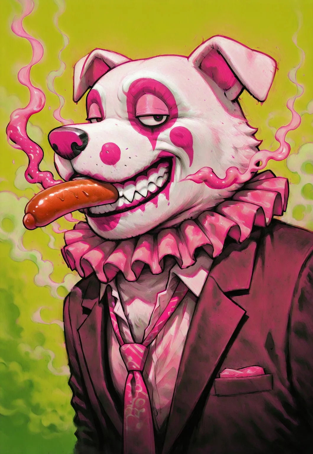 clown makeup, (solo), 1boy, dog, no humans, male focus, profile, sideways glance, sausage in mouth, grin, [smoke], suit, loose necktie, disheveled, [neck ruff], 
detailed background, green background, neon pink theme,
painting_\(medium\), traditional media, best quality, absurdres, [dynamic pose]