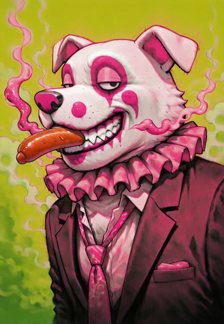 clown makeup, (solo), 1boy, dog, no humans, male focus, profile, sideways glance, sausage in mouth, grin, [smoke], suit, loose necktie, disheveled, [neck ruff], 
detailed background, green background, neon pink theme,
painting_\(medium\), traditional media, best quality, absurdres, [dynamic pose]