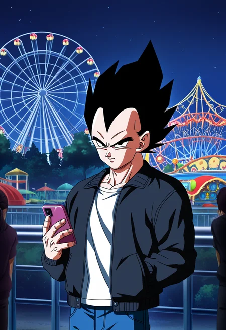 anime coloring, 1boy, vegeta, dragon ball, looking at cell phone, upper body, annoyed, jacket, tshirt, jeans, amusement park, roller coaster, ferris wheel, nighttime, dramatic lighting, highres, anime screenshot, official art