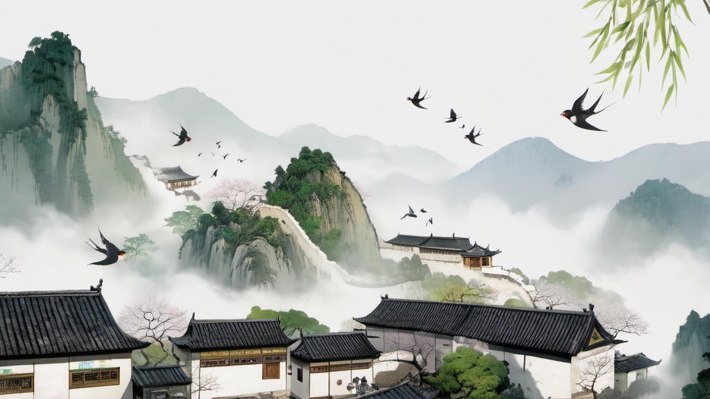 Sweeping Day Photography, a painting of a chinese village with a bird flying over it, best quality, high quality, masterpiece, 8K UHD, highly detailed, ultra detailed <lora:sweeping-day_lora_r64_sdxl:0.8>