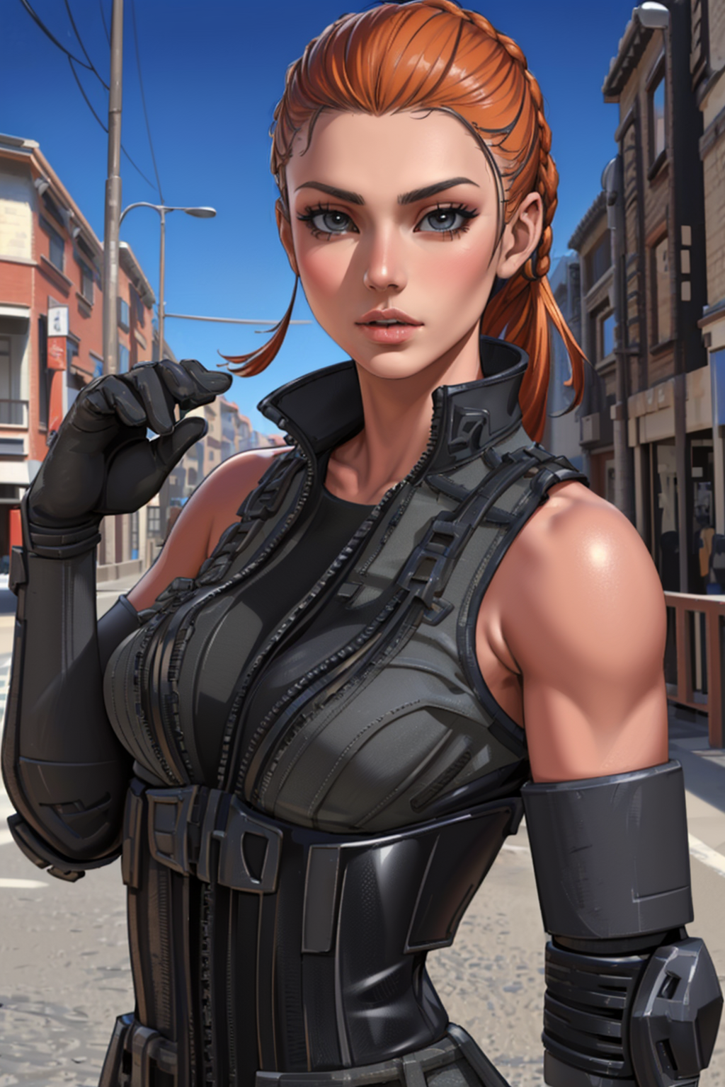 (photorealistic:1.4), <lora:TacticalAssautV1:1>, (masterpiece:1.4),(best quality:1.4)(high_resolution:1.1) , (1girl, oily skin, wearing tactical_assaut t-shirt gloves), ((upper body)),  ((thin hair, realistic hair:1.2)), orange hair
<lora:muscle_slider_v1:2>,
<lora:weight_slider_v2:-1>,
<lora:hair_length_slider_v1:1>,
<lora:Background_Detail_v3:0.4>,
<lora:add_detail:0.5>