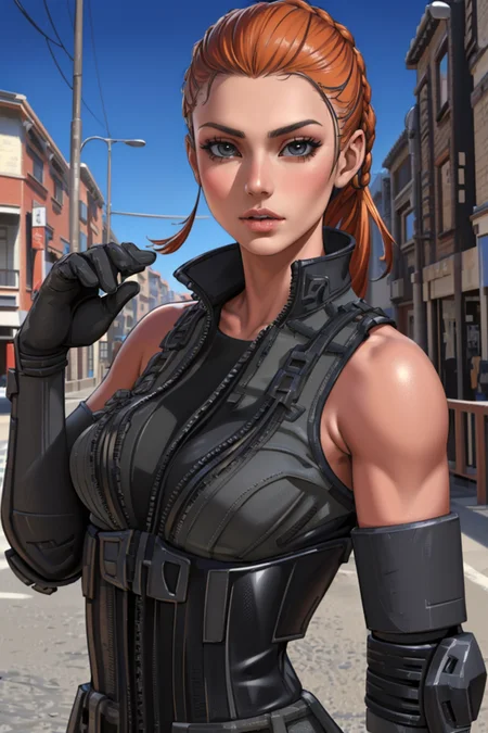 (photorealistic:1.4), <lora:TacticalAssautV1:1>, (masterpiece:1.4),(best quality:1.4)(high_resolution:1.1) , (1girl, oily skin, wearing tactical_assaut t-shirt gloves), ((upper body)),  ((thin hair, realistic hair:1.2)), orange hair
<lora:muscle_slider_v1:2>,
<lora:weight_slider_v2:-1>,
<lora:hair_length_slider_v1:1>,
<lora:Background_Detail_v3:0.4>,
<lora:add_detail:0.5>