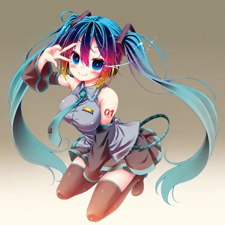 masterpiece, best quality, amazing quality, very aesthetic, absurdres, newest,
<lora:Koushin_Ryo_style_ILLUST-000008:0.95> kamiya yuu parody,
1girl, solo, hatsune miku, blue eyes, blue hair, long hair, long twintails, hair ornament,
large breasts, necktie, detached sleeves, shirt, skirt, thighhighs,
blush, smile, v over eye, gradient hair, multicolored hair, eye trail, dynamic pose,