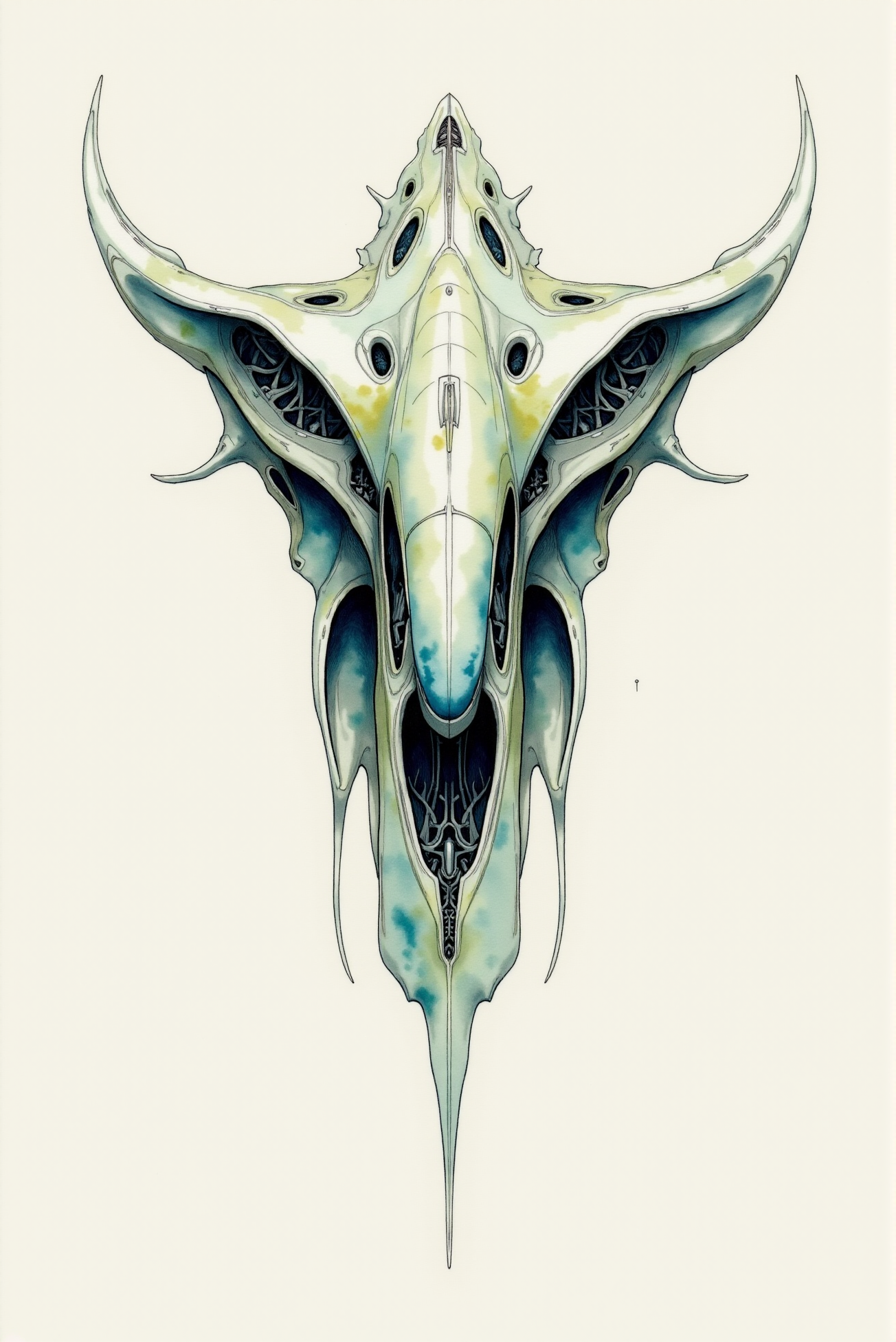 <lora:Watercolor_sketch_v.1:0.8> Watercolorsketch style. The alien spacecraft is depicted with delicate watercolor washes in muted, ethereal tones of soft blues, grays, and pale greens, giving it an organic yet highly technical appearance. Transparent layers of color subtly enhance the intricate biomechanical structure, emphasizing its flowing, almost skeletal design. The edges are carefully outlined with fine ink work, capturing the complex curvature and otherworldly symmetry of the vessel. Subtle shading techniques using light washes and controlled bleeding create a sense of dimensionality, with deeper blue-gray hues accentuating shadowed recesses and delicate highlights in soft whites suggesting reflective, bio-engineered materials. The central fuselage is enriched with gradient washes, smoothly transitioning from light to dark, showcasing the alien craftsmanship with a blend of industrial and organic aesthetics. Hints of sepia-toned linework provide a vintage technical feel, lending the illustration an air of scientific documentation. The background remains minimal, with a few abstract washes suggesting motion or cosmic surroundings, ensuring focus remains on the shipâs intricate design while maintaining the fluid, expressive quality of watercolor.