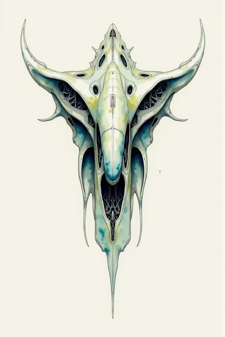 <lora:Watercolor_sketch_v.1:0.8> Watercolorsketch style. The alien spacecraft is depicted with delicate watercolor washes in muted, ethereal tones of soft blues, grays, and pale greens, giving it an organic yet highly technical appearance. Transparent layers of color subtly enhance the intricate biomechanical structure, emphasizing its flowing, almost skeletal design. The edges are carefully outlined with fine ink work, capturing the complex curvature and otherworldly symmetry of the vessel. Subtle shading techniques using light washes and controlled bleeding create a sense of dimensionality, with deeper blue-gray hues accentuating shadowed recesses and delicate highlights in soft whites suggesting reflective, bio-engineered materials. The central fuselage is enriched with gradient washes, smoothly transitioning from light to dark, showcasing the alien craftsmanship with a blend of industrial and organic aesthetics. Hints of sepia-toned linework provide a vintage technical feel, lending the illustration an air of scientific documentation. The background remains minimal, with a few abstract washes suggesting motion or cosmic surroundings, ensuring focus remains on the shipâs intricate design while maintaining the fluid, expressive quality of watercolor.