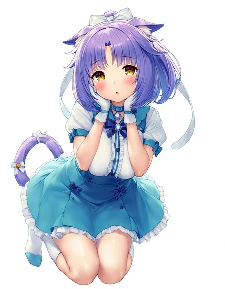 masterpiece, best quality, good quality, very awa, very aesthetic, absurdres, newest,cinnamon \(nekopara\), 1girl, solo, tail, cat ears, cat tail, hands on own face, bell, gloves, collar, neck bell, bow, purple hair, open mouth, yellow eyes, hands on own cheeks, ponytail, blush, large breasts, socks, frills, puffy sleeves, white background, ribbon, looking at viewer, jingle bell, tail ornament, skirt, short sleeves, hair bow, puffy short sleeves, hair ribbon, kneehighs, tail bow, full body, white gloves,<lora:cinnamon_nekopara:0.8>