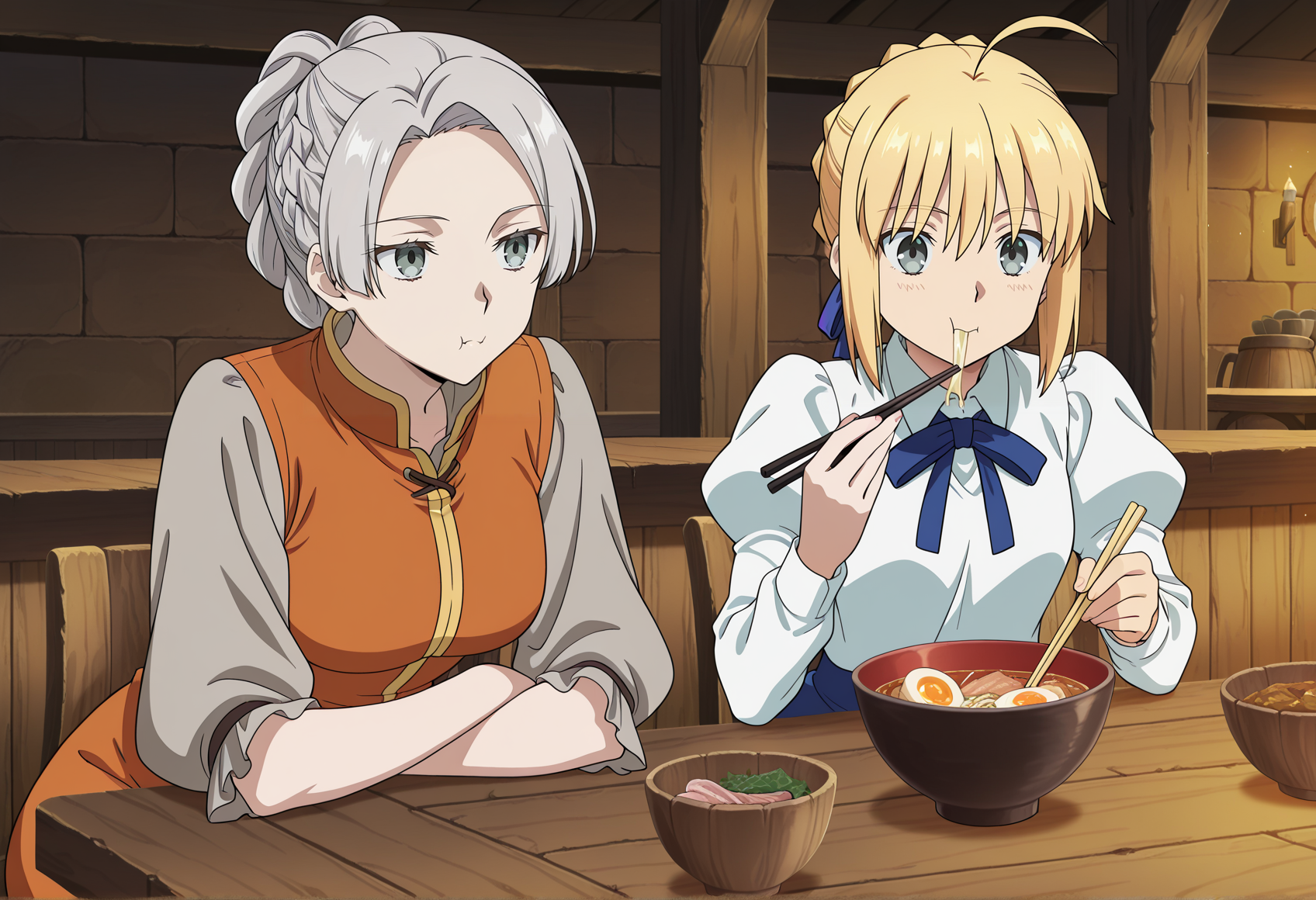 2girls, indoors, tavern, table, anime screenshot, anime screencap, anime coloring, 1girl, solo,  long hair, grey hair, gray eyes, single hair bun, braid, orange dress, sitting, looking at another, expressionless, <lora:chris_ligthfellow_illus:1>
BREAK
2girls, indoors, tavern, table, anime screenshot, anime screencap, anime coloring, 1girl, saber,  eating, bowl, chopsticks,, masterpiece, best quality, amazing quality, very aesthetic, absurdres, highres, newest