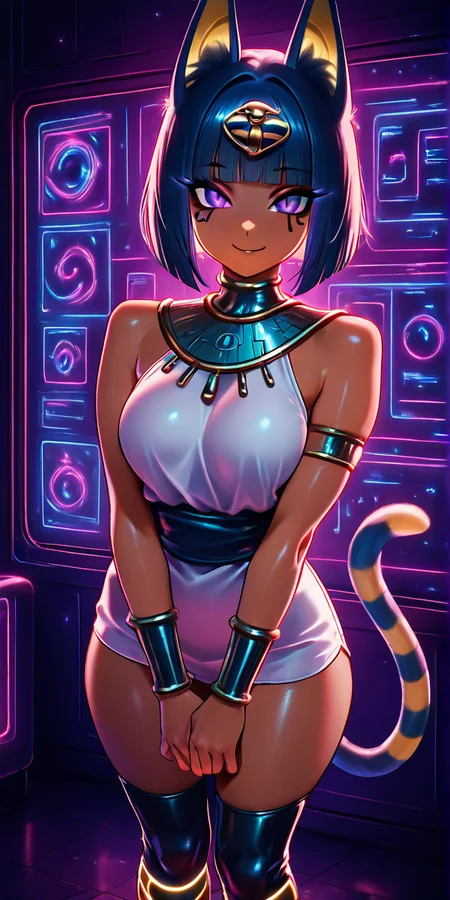 masterpiece, best quality, solo, curvy, beautiful eyes, narrow waist, wide hips, 1girl, solo, smile, looking at viewer, dynamic angle, foreshortening, close up,    zzAnkha, animal crossing, animal ears, armlet, bare shoulders, belt, blonde hair, blue hair, blunt bangs, blunt ends, bob cut, cat ears, cat girl, cat tail, cropped, daniel deng, dark skin, dress, eye of horus, eyelashes, eyes visible through hair, facial tattoo, humanization, purple eyes, shiny skin, short hair, slit pupils, tattoo, usekh collar, white dress, <lora:AnkhaIXL:1.0>,  D1sc0Pnk, neon,     <lora:DiscoPunk_IXL:1.0>,[Holo-Surfer Rebel], light-reactive bodysuit, glowing trim, translucent jacket, compression leggings, neon straps, energy board boots, datawave tattoos, urban ocean skyline, digital surfboard, carefree pose,