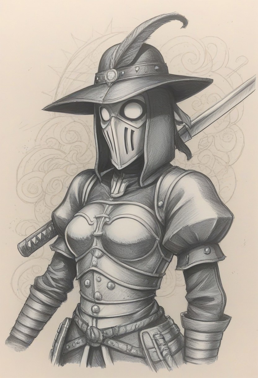 proto_tat, evang, tattoo_style, 1girl, sepia, monochrome, traditional media, brown theme, hat, armor, 1girl, puffy sleeves, sketch, textured background, plague doctor, mask, landsknecht, weapon, sword, hat, armor, 1girl, puffy sleeves,
