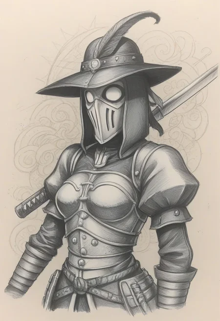 proto_tat, evang, tattoo_style, 1girl, sepia, monochrome, traditional media, brown theme, hat, armor, 1girl, puffy sleeves, sketch, textured background, plague doctor, mask, landsknecht, weapon, sword, hat, armor, 1girl, puffy sleeves,