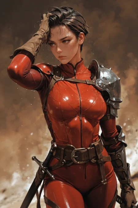 1girl, weapon, sword, solo, bodysuit, breasts, holding, holding weapon, holding sword, armor, black hair, medium breasts, shoulder armor, gloves, , brown hair, lips, looking to the side, pauldrons, standing, brown eyes, brown background, single pauldron, closed mouth, red bodysuit, brown gloves, nose, very short hair, tomboy, hair slicked back, hand in own hair, sweat
<lora:rimixO:0.65>, masterwork, masterpiece, best quality, detailed, depth of field, , high detail, best quality, very aesthetic, 8k, dynamic pose, depth of field, dynamic angle, adult, aged up