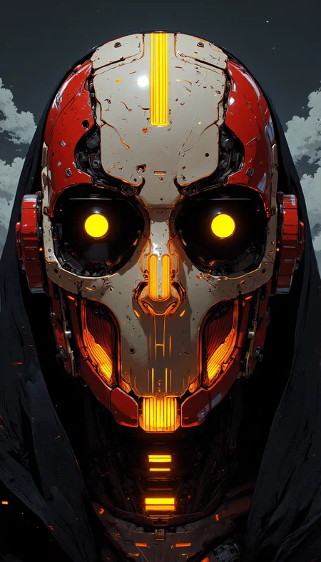 A close-up shot of a robotic assassin face, with a black high collar and large black eyes, the entire face is illuminated by a series of bright yellow lights. The central body of the assassin is shaped like an qr-code or bar code, with the right half of the body facing forward and the left half facing forward, creating a sense of depth and perspective. The background is a deep, cloudy sky, obscuring the top portion of the human figure, which resembles a small, detailed illustration of the human face, which is also illuminated by the lights. The overall color palette is dominated by shades of red, white, and brown.