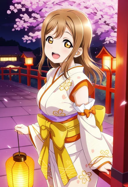 masterpiece,best quality,amazing quality, kunikida hanamaru, brown hair, amber eyes, long hair, 1girl, detached sleeves, solo, japanese clothes, cherry blossoms, open mouth, smile, kimono, lantern, looking at viewer, bow