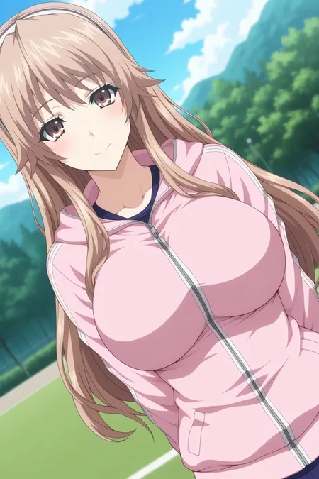 masterpiece, best quality, lovelycationani_tsukioka_misasa_ilxl, 1girl, solo <lora:lovelycationani_tsukioka_misasa_ilxl:1> pink hoodie tracksuit, smile, outdoor, dutch angle, looking at viewer, upper body, general