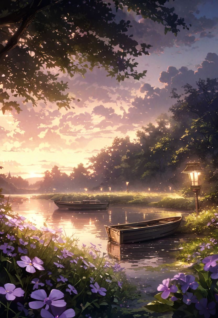 detailed background,( Calm spring night landscape), amongst lush greenery, beautiful view, creeping phlox in full bloom, creeping phlox, early morning, sunrise sky, beautiful clouds, dappled sunlight, outdoor seating, one lamp, Tranquil Lake, Boat on a Lake, depth of field, masterpiece, best quality, ultra-detailed, very aesthetic, illustration, perfect composition, intricate details, absurdres, moody lighting, wisps of light, no humans,