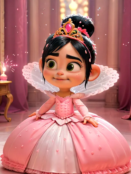 princess dress, venellope, A stylized illustration of a doll with a pink dress and a crown, surrounded by sparkling light effects, 1girl, solo, looking at viewer, blush, short hair, black hair, closed mouth, upper body, hair flower, parted lips, indoors, spread legs, white dress, wet, see-through, tiara, rain,   
<lora:princess_rc_il:0.8>