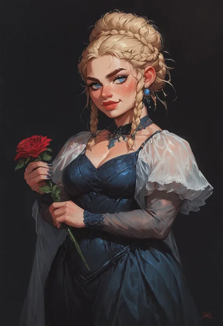 score_9, score_8_up, by beksinski style and ajanicki and deodato, dark background, dwarf, freckles, blue eyes, big lips, light blonde hair, braided hair bun, muscles, medium breasts, elegant dress, painted nail, holding a blunt, smirking, shortstack, holding a rose