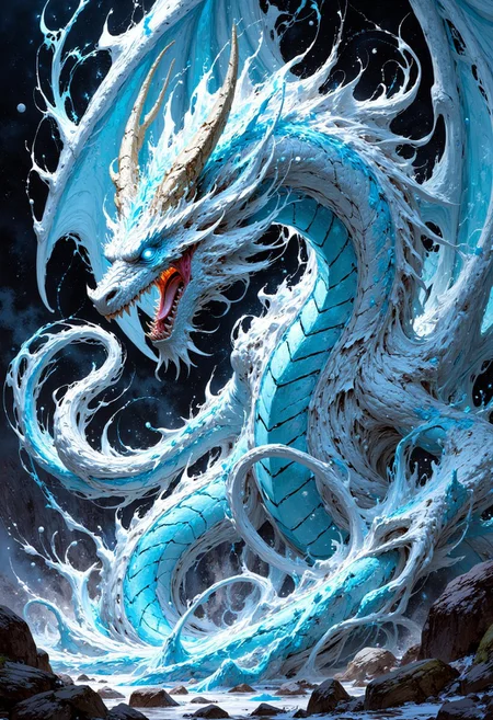FluxEpicDragon, An awe-inspiring, larger-than-life dragon deity, exuding power and majesty amidst erupting frost and swirling ice. Its massive wings are alight with icy hues, and its eyes gleam with a mesmerizing glow. This vivid and realistic portrayal of the mythical creature is filled with intricate details, depicting scales shimmering with every shade of white and blue. The image, likely a digital painting, captures the essence of a divine being embodying the forces of nature in a truly epic manner.