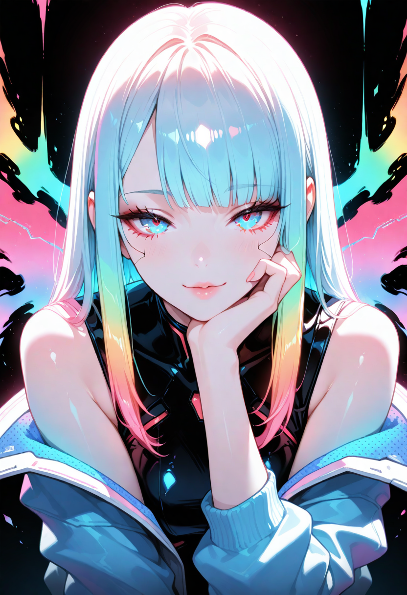 very aesthetic, best quality, amazing quality, masterpiece, newest, shiny highlights, sensational, Soft and warm color palette, subtle details, surreal and eerie  cyberpunk ambient, cyberpunk, 1girl, seductive,  bright surreal background, <lora:people's_work:1> <lora:DetailedEyes_V3:1>