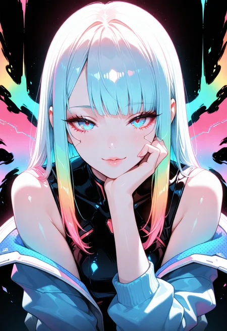 very aesthetic, best quality, amazing quality, masterpiece, newest, shiny highlights, sensational, Soft and warm color palette, subtle details, surreal and eerie  cyberpunk ambient, cyberpunk, 1girl, seductive,  bright surreal background, <lora:people's_work:1> <lora:DetailedEyes_V3:1>