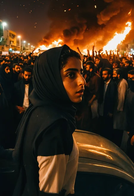 dark aesthetic photo, an Iranian girl amidst a chaotic street protest in Tehran, The scene is filled with tension and unrest, as flames from fire flares illuminate the night sky in the background. Standing boldly on the roof of a car.