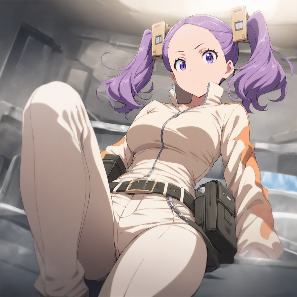 1girl,solo,looking at viewer,masterpiece,high score,great score,absurdres,<lora:Wahanly_Shume ag4o v1:1> wahanly_shume, purple hair, twintails, purple eyes,belt,pants,