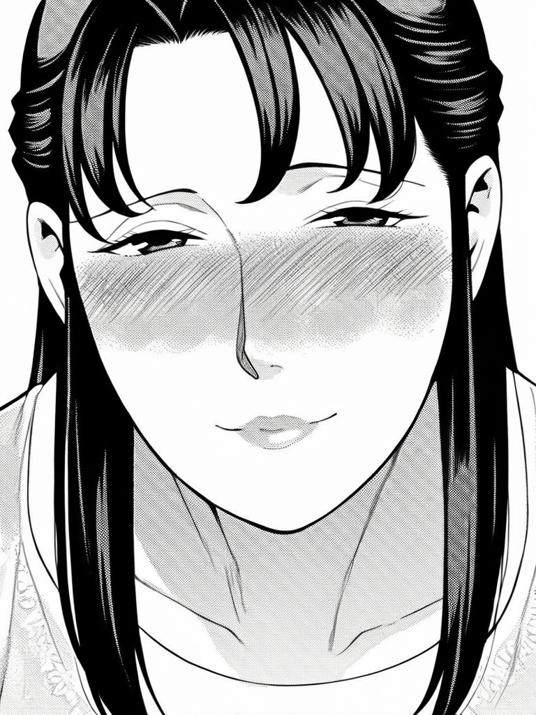 score_9, score_8_up, score_7_up,  
1girl, monochrome, suzuki tk, mature female, long hair, black hair, large breasts,

looking at viewer, smile, closed mouth, t-shirt, face, close-up, white background, nose blush, narrowed eyes,
