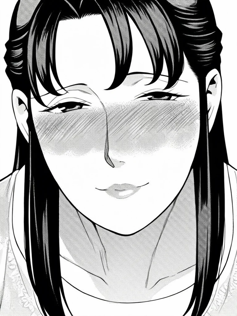 score_9, score_8_up, score_7_up,
1girl, monochrome, suzuki tk, mature female, long hair, black hair, large breasts,
looking at viewer, smile, closed mouth, t-shirt, face, close-up, white background, nose blush, narrowed eyes,