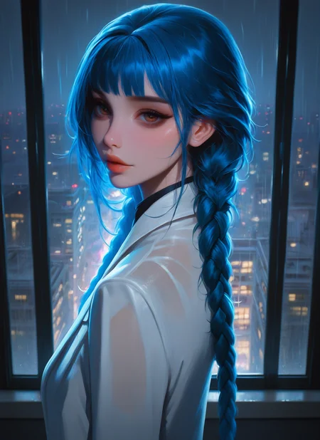 artist:, masterpiece, best quality, newest, very awa, absurdres, highres, dprd, 1girl, lips, brown eyes, blue hair, Dutch Fishtail Braids hair, white lab coat, looking at viewer, daytime, city, apartment, rain, detailed, <lora:DeepRed-Style:1.0>