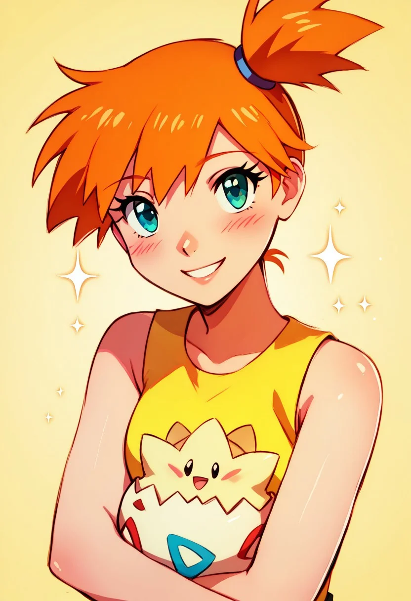 score_9, score_8_up, score_8, cute,
rating safe,
BREAK,
tgpiMsty, yellow shirt, smile, blush, leaning forward, bangs, shirt, upper body, :d, sleeveless, hair tie, source anime,
BREAK,
smile, looking at viewer,
zPDXL, Expressiveh