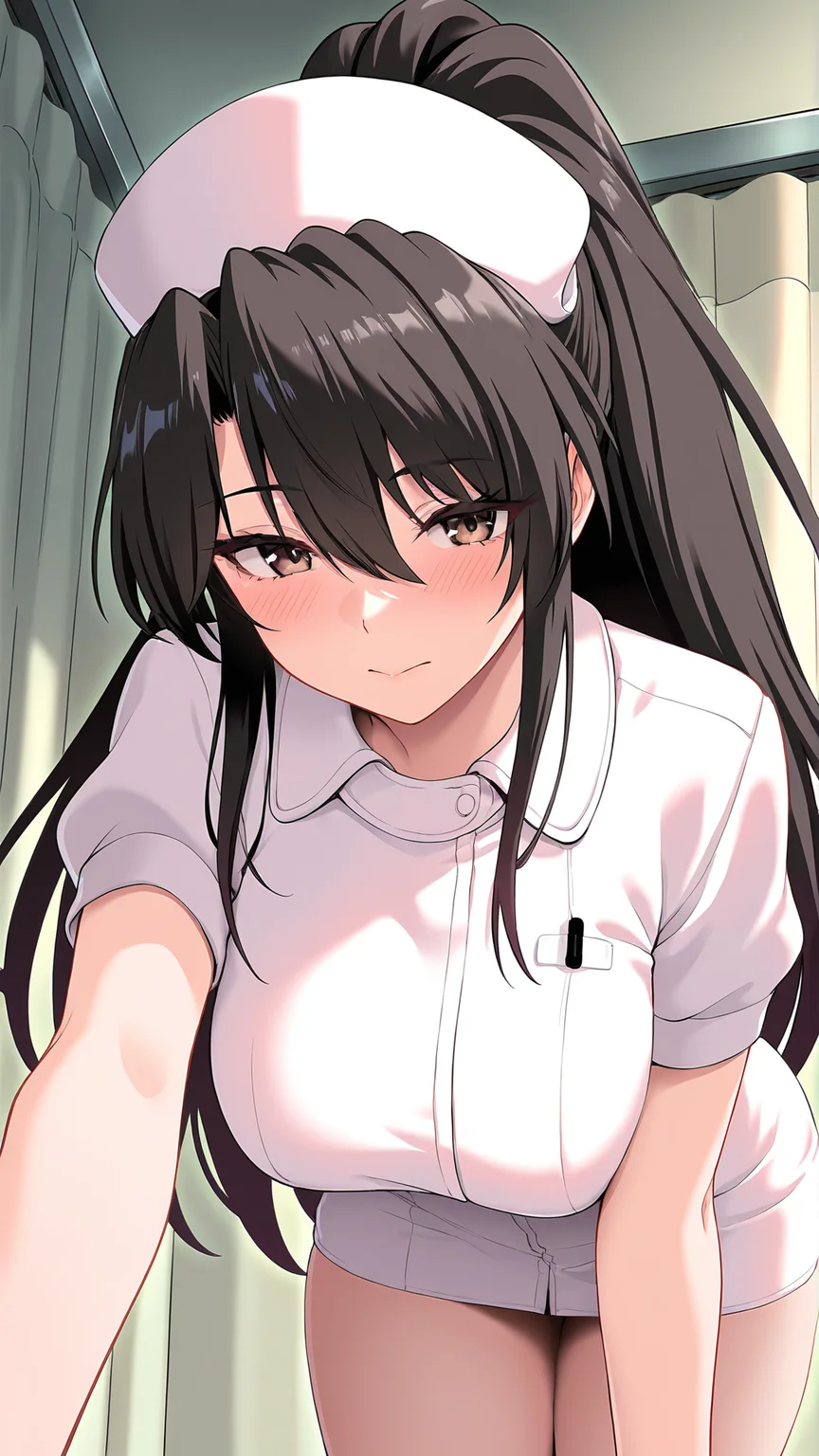 amazing quality,absurdres,best quality,masterpiece,highres,newest,detailed,detailed body,detailed face,masterpiece,best quality,solo,
kyoko,1girl,nurse,solo,nurse cap,long hair,hat,black hair,ponytail,brown eyes,<lora:kyoko:0.8>,