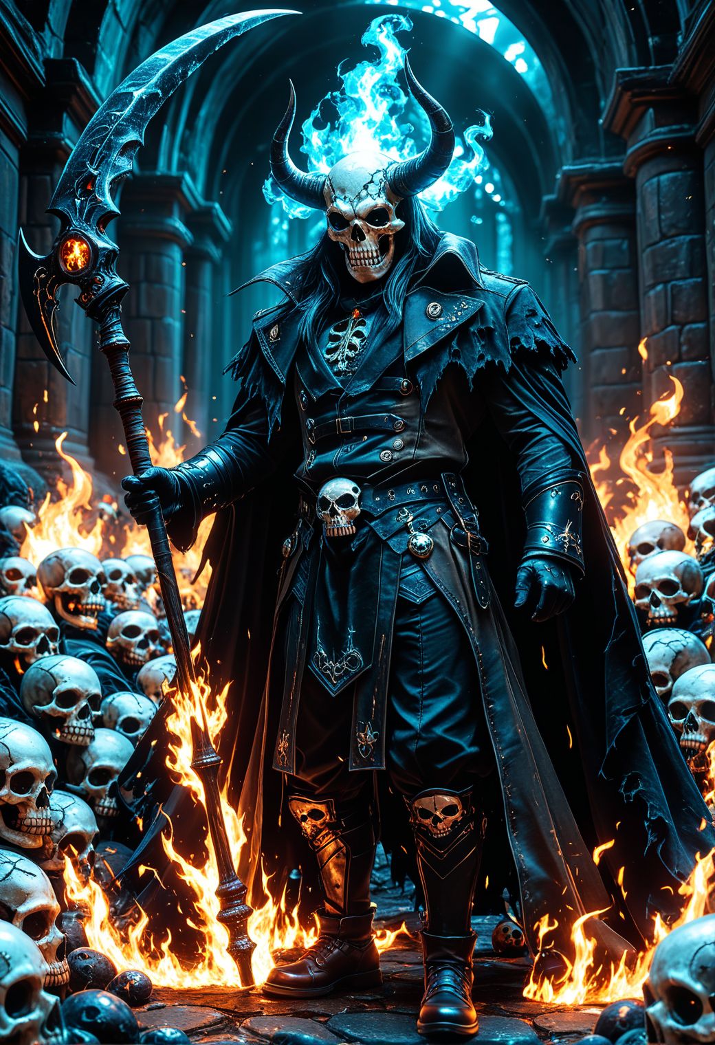 SmoothNoob_Quality, 1boy, demon boy, a demonic-looking skull knight king with long, sharp incisors. The skull should emit flashes of scarlet energy and be surrounded by a flaming aura of blue fire. Holding large scythe, The skull should face directly into the camera, creating a shocking and terrifying image. dark background, skull mask, floating cape, <lora:Smooth_Booster_v3:0.6>
