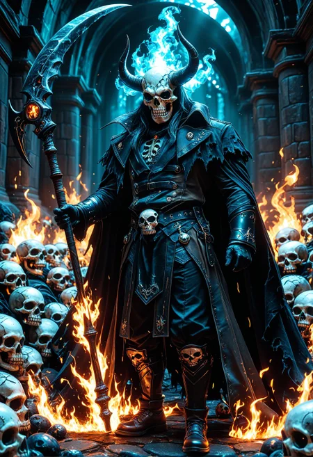 SmoothNoob_Quality, 1boy, demon boy, a demonic-looking skull knight king with long, sharp incisors. The skull should emit flashes of scarlet energy and be surrounded by a flaming aura of blue fire. Holding large scythe, The skull should face directly into the camera, creating a shocking and terrifying image. dark background, skull mask, floating cape, <lora:Smooth_Booster_v3:0.6>