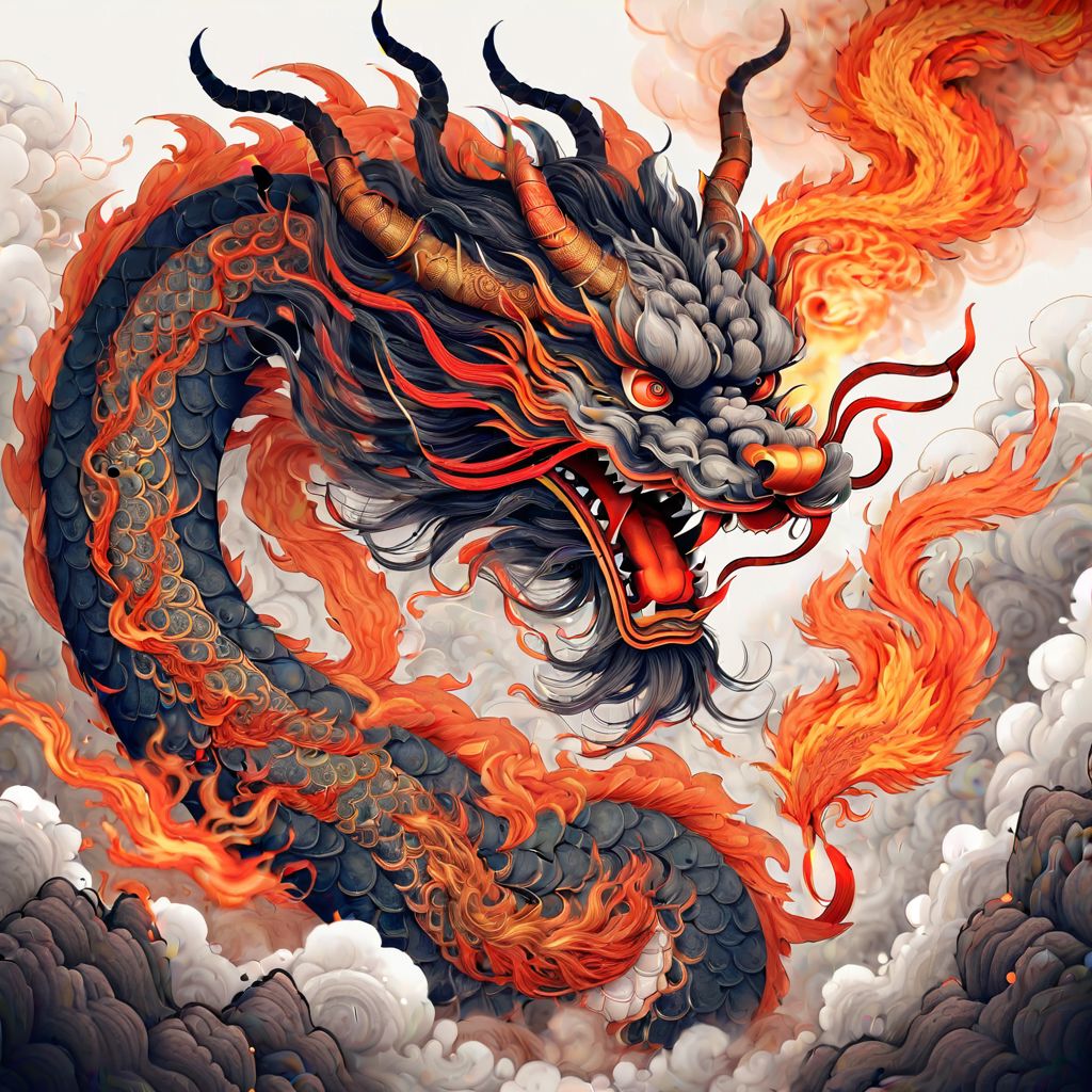 dynamink, dyi, <lora:dynamink:0.7> , Chinese Ink Painting of a Chinese dragon, fire, fantasy, digital art, intricate detailed,