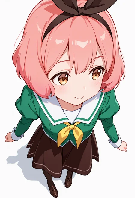 masterpiece,high quality details,absurdres, 
 <lora:Koshiba_Mai:0.8>
mar_cnr, 1girl, pink hair, short hair, bangs, brown eyes,black hairband,
mar_s1,green shirt, white sailor collar, serafuku,long skirt,black-brown skirt, juliet sleeves,pantyhose, loafers,, simple background, white background, from above,solo,, :>,