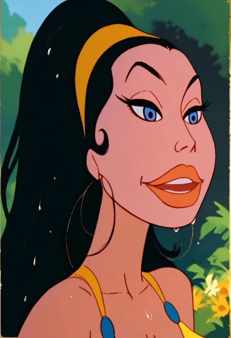 score_9, score_8_up, score_7_up, score_6_up, score_5_up, score_4_up, high_priestess, 1girl, solo, black hair, long hair, ponytail, yellow hairband, yellow dress, cleavage, large breasts, hoop earrings, smile, open mouth, view from front, athletic, skinny, wet, facing viewer, seductive look, arched back, standing,  standing in a waterfall, pinup pose, official art, masterpiece, source_painted_concept_art
BREAK