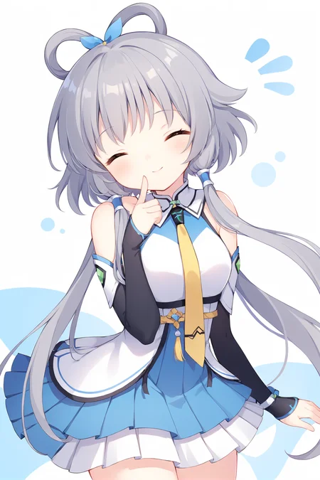 CHII,1girl,solo,<lora:Chobits_XL:0.8>,
luotianyi, grey hair, hair ornament, hair rings, short hair with long locks, hair tubes,
, bare shoulders, pleated skirt, sleeveless shirt, official dress, sleeveless, yellow necktie, blue skirt, detached sleeves, white skirt,
<lora:luotianyi_xl:0.8>,finger to cheek, finger to cheek, light smile,close eyes,