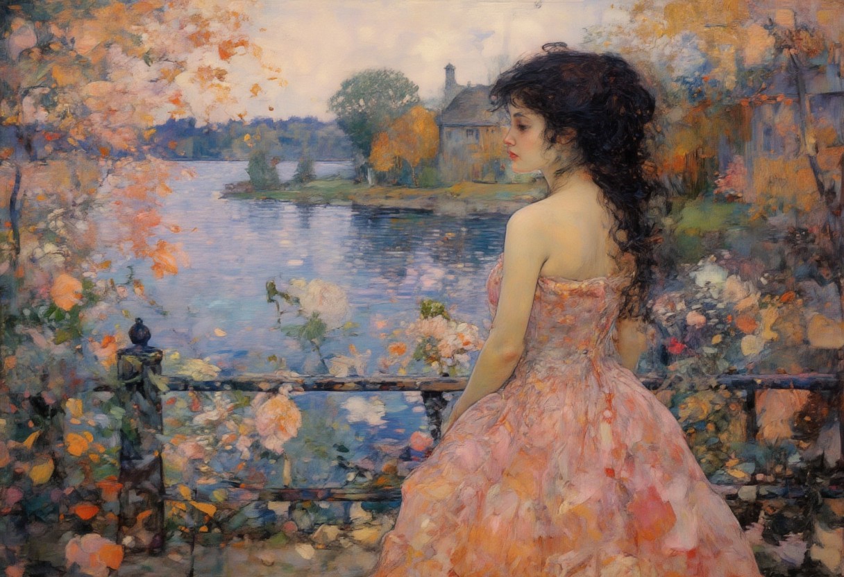 1girl, from behind, standing, long pink dress, bare shoulders, long black hair, hair blowing in the wind, looks at the lake, Falling leaves, wind blowing, silence,
Everything I love, I lost.
lake, railings, flower, petals, 
Life is a long play, I am the main character, both comedy and tragedy.
loneliness, grimm, suffering, hopelessness, sad, 
(art by Dima Dmitriev), figure-studies, Impressionism,  nature, oil-painting, romanticism, 
fantasy, femininity, Impressionism, magic-realism,  
impressionist painting, loose brushwork, vibrant, light and shadow play, captures feeling over form, 
figure-studies, Impressionism, oil-painting, romanticism, elegance, opulence,
OByouhua, oil painting