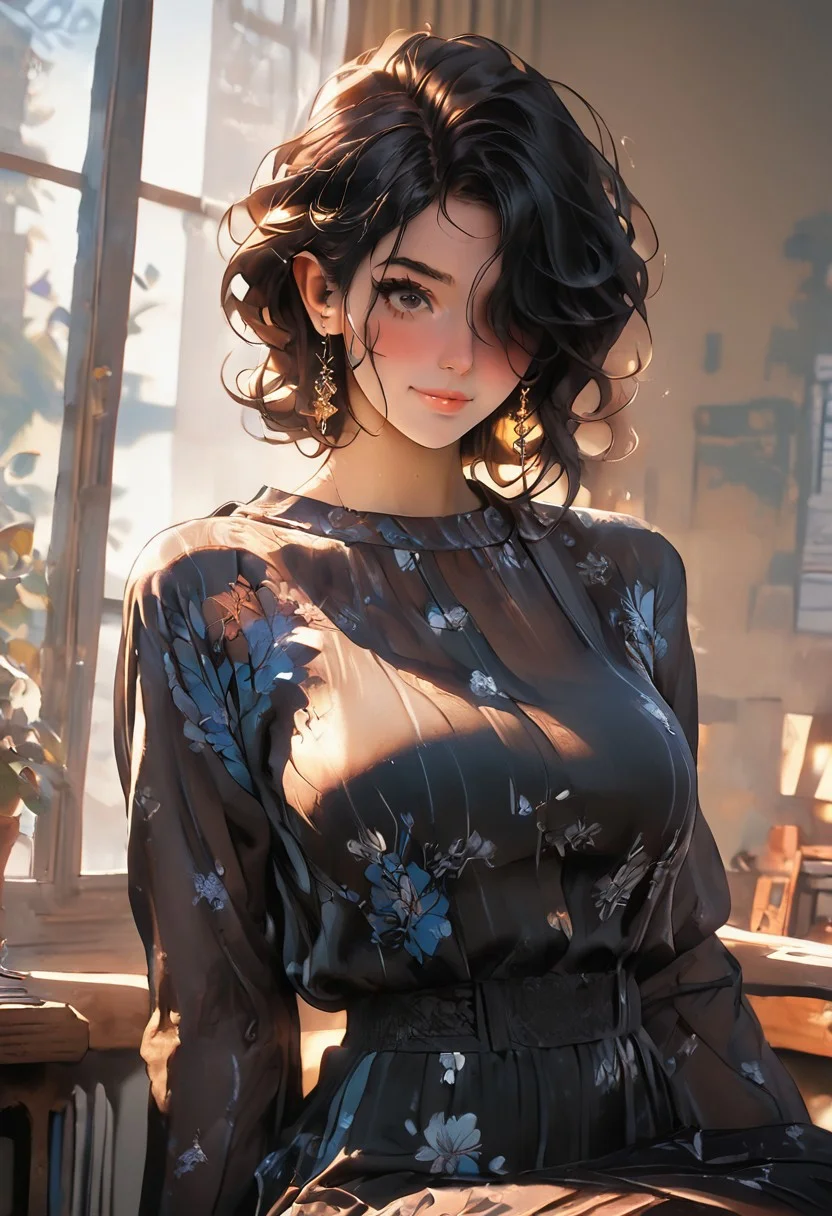 score_9, score_8_up, score_7_up, 1girl, black hair, Floral, Floral pattern, Plunging gown, gown, long sleeve, shiny skin, huge breasts, eye contact, hair over one eye, light smile, tilted angle, moody lighting, suggestive pose, window, professional lighting, science fiction, perfect quality, high quality, photorealistic, sitting BREAK orange and blue hue, (abstract:0.2), expressiveH