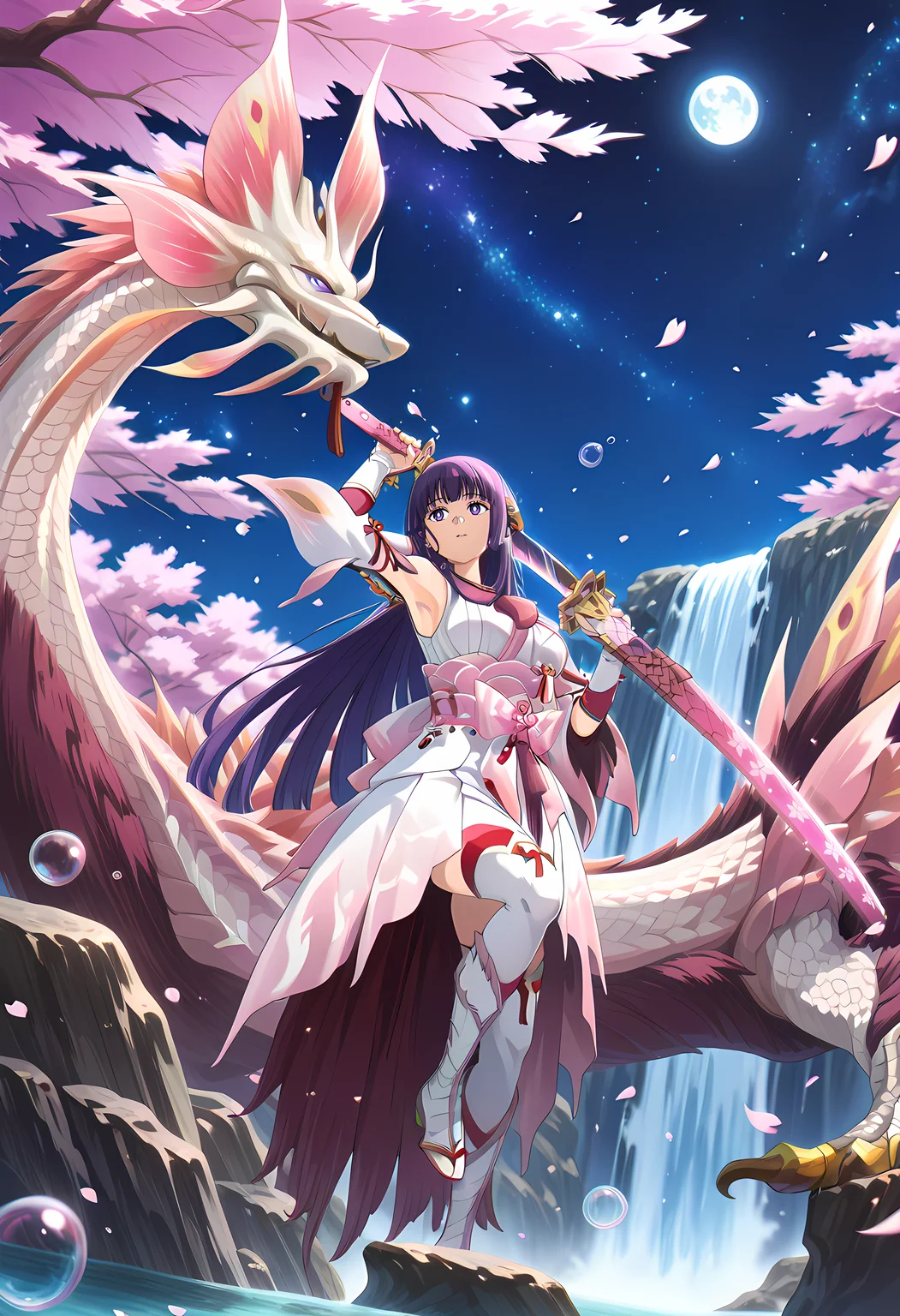 , source_anime, intricate details, masterpiece, high quality, prefect hands, best quality,, 1girl, solo, detailed eyes , anime coloring,
,
<lora:SousouNoFrieren_Fern_IlluXL:1> purple hair, long hair, purple eyes, bright pupils,
<lora:Mizutsune Armor illuXL v1:1> mizutsune armor, white detached sleeves, white thighhighs, white wataboushi, yellow sandals, white kimono , pink katana, holding pink katana , waterfall, starry sky, night sky, full moon, river, rock,, bubble , tamamitsune, eastern dragon, 1other, no humans, blue eyes, bubble, petals,cherry blossoms,