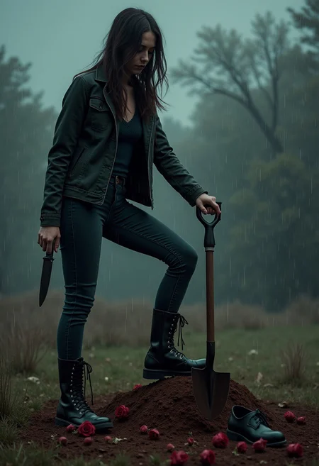 A pretty woman with black boots and dark jeans having one foot on a shovel head as she shoves it in a dirt grave. Knife in the other hand. A dress shoe is sticking out from the grave. Wilted roses on the grave. Rain is falling from the sky, gloomy day, horror, scary, photograph, cinematic, high quality, detailed, realistic