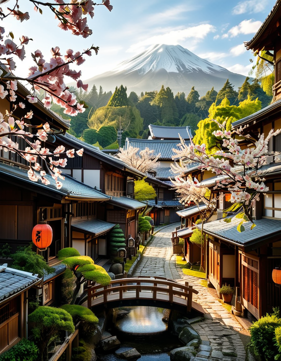 A picturesque traditional Japanese village nestled in a serene valley, surrounded by lush green mountains under a soft morning mist. The village consists of wooden houses with thatched roofs (gassho-zukuri style), showcasing intricate wooden details and sliding paper doors. A narrow stone-paved path winds through the village, leading to a small red torii gate at the entrance of a Shinto shrine. Cherry blossoms in full bloom line the streets, their pink petals gently falling in the breeze. A tranquil river flows through the village, crossed by an old wooden bridge with moss-covered stones. Villagers in traditional kimonos and straw hats go about their daily livesâan elderly man sweeping his porch, a woman carrying a basket of fresh produce, and children playing near a koi pond. The atmosphere is peaceful and nostalgic, with warm sunlight filtering through the trees, casting dappled shadows on the ground. The scene is rich in traditional Japanese aesthetics, evoking a sense of harmony and timeless beauty.
<lora:SDXLFaeTastic2400:0.4> <lora:extremely_detailed:0.4> extremely detailed,<lora:traditional_Japanese_v1ll4g3:1>,traditional Japanese v1ll4g3, Masterpiece,best quality,hi res,8k,hi res,8k,award winning,(sharp focus, intricate, highly detailed),