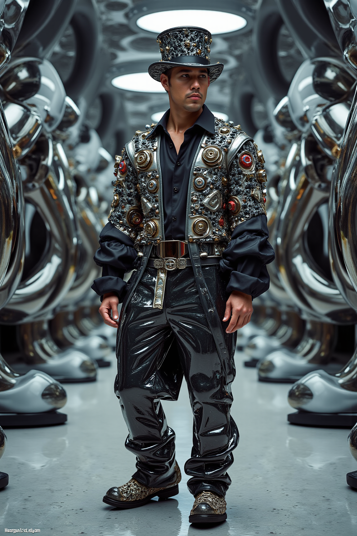 Masterpiece, the greatest details, 8k, UHD, HDR, incredibly intricate, realistic reflections, volumetric lighting. A man wearing industrial avant-garde fashion, high-couture Burlesque Style acrylic and encased in resin shirt and pants, and a top hat studded with valves. The fine Leather and Flannel clothes have intricate brand patterns, asymmetric, ruffled sleeves. In an industrial hall with automated robots, full of warping and distorting mirrors with realistic reflections and refractions. It is an elegant, erotic presentation from Harperâs Bazaar.