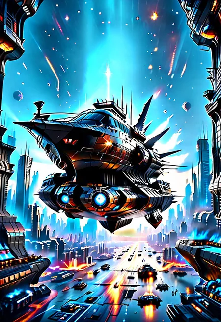 high quality, 8K Ultra HD, highly realistic, The great and sleek black ship is moving forward, flying over a futuristic cyberpunk city. It has powerful guns that are firing blue lasers . Embark on an enchanting 8K photorealistic journey. The starship's design boasts advanced technological elements. The camera captures every minute detail, by VelvetS, octane render,from slightly to the side. perfectly symmetrical ship. Weapons fire blue energy beams,
<lora:DonM3t3rn1tyXL-v1.1:0.7>, DonM3t3rn1tyXL,
OverallDetailXL <lora:MJ52:0.3> <lora:SDXLFaeTastic2400:0.4>