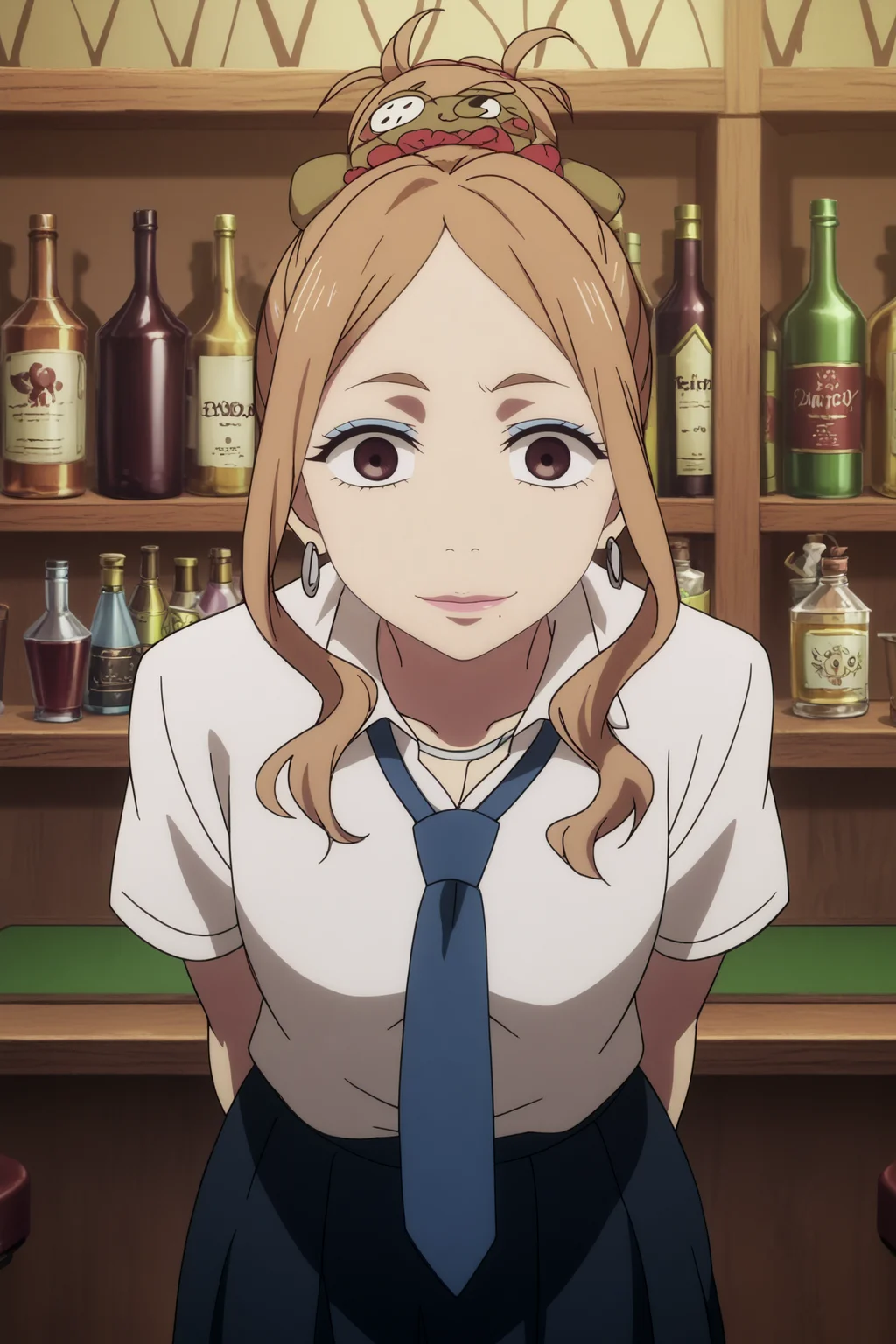 mayu arita,1girl,solo,jewelry,earrings, mole under mouth,mole,necktie,shirt,blue necktie,white shirt,makeup, looking_at_viewer, lipstick, single hair bun,school uniform,wrist scrunchie,scrunchie,smile arms behind the back,leaning forward, BREAK indoors,bar with alcohol,bar,purple light,gothic_architecture, low light <lora:Mayu_Arita_-_Death_Parade.safetensors:1> <lora:detailed_backgrounds_v2.safetensors:0.6>,