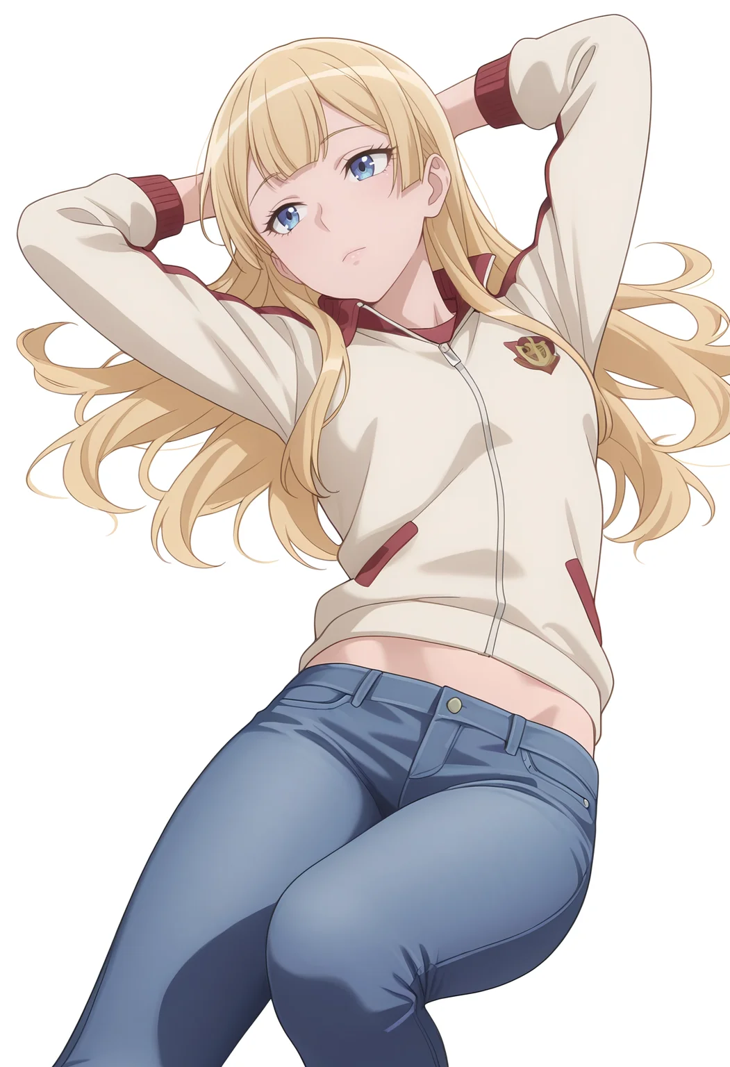 Smooth Quality,masterpiece,very intricate, high quality details, ultra realistic, high detailed skin,
simple background, white background,
front view,=^=,ohikaenasutte,lying, hands behind head, knee bent, relaxed, casual, ,
track jacket, ,skinny jeans, ,
<lora:Rembrandt_Sifcnn:0.8> RembrandtSif/cnn, 1girl, solo, long hair, blonde hair, blue eyes,