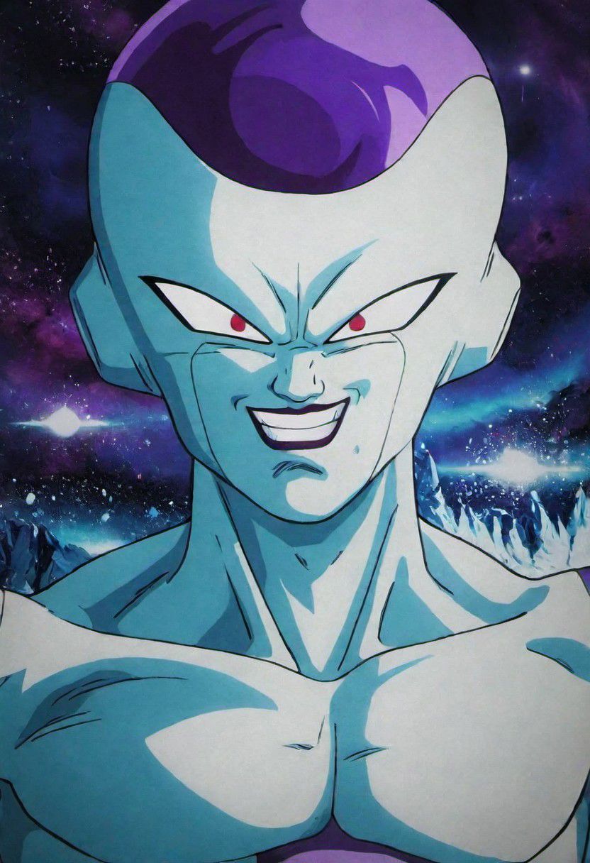 (best quality, masterpiece, detailed, highly detailed face) of a haunting scene with Freezer smile  in a battle Namek background . Emphasize atmosphere, high contrast, and interplay of shadow and light, colorful, detailed face perspective from below