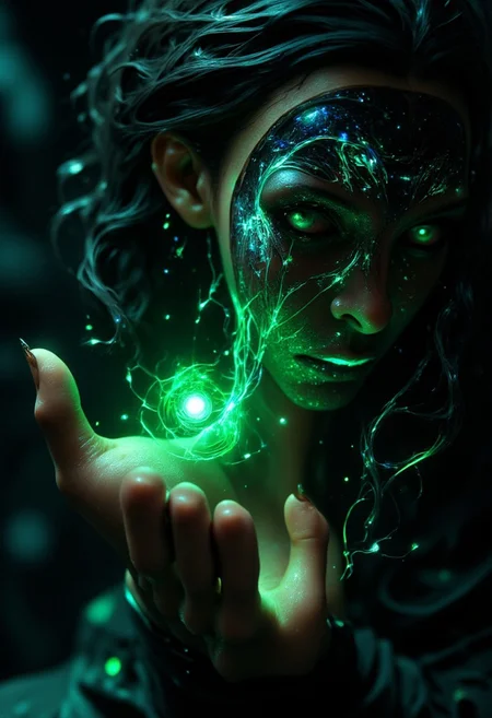 Emo woman upper body face close up. A hyper-detailed, futuristic close-up of a human fingertip illuminated by a soft green glow, revealing a complex, holographic circuit pattern etched into the skin, resembling a digital fingerprint. The intricate lines and nodes of the circuitry shimmer with a faint white and blue light, symbolizing advanced biometric technology. Surrounding the finger, a semi-transparent user interface displays scanning progress indicators, synchronization bars, and faint text overlays, adding to the high-tech aesthetic. The background is softly blurred, suggesting a sleek, digital environment while emphasizing the focus on the finger and its augmented details. <lora:aidmaFLUXPro1.1-FLUX-v0.3.safetensors:1.0>,  <lora:Dark side of light.safetensors:0.55>, <lora:Glitchcore_Flux.safetensors:0.8>,