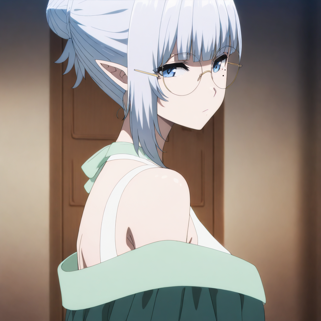 solo,upper_body,simple background,looking at viewer,masterpiece,high score,great score,absurdres,anime coloring,<lora:BetaV3 ag4o:1> betakage, pointy ears, grey hair, short hair, blue eyes, mole under eye,hair bun,green dress,green skirt,bare shoulders,round eyewear,