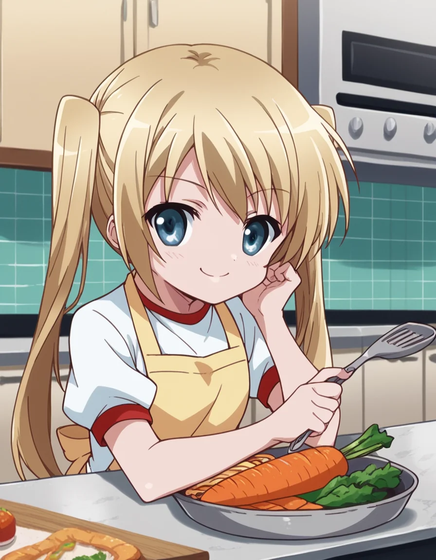 score_9, score_8_up, score_7_up, source_anime, <lora:maho-misawa-s1-ponyxl-lora-nochekaiser:1>, maho misawa, long hair, blue eyes, blonde hair, twintails,, gym uniform, shorts, black shorts, dolphin shorts, kitchen, cooking, apron, cutting vegetables, home cooking, smile, sitting, elbow rest, table,, looking at viewer, solo,, dutch angle, cowboy shot